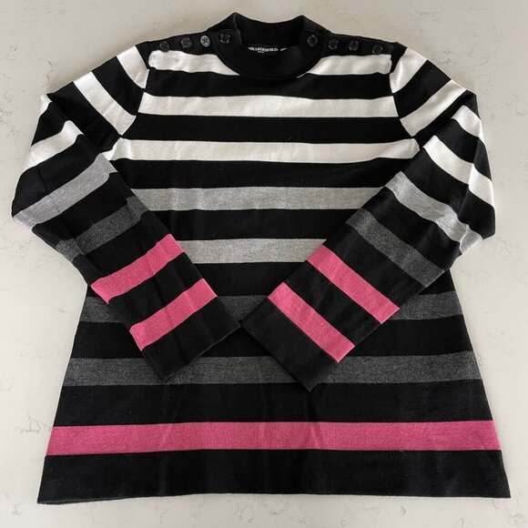 Karl Lagerfeld LS Striped Ribbed Mock Turtleneck Sweater Blk Wht Gry Pink Sz S - Picture 6 of 11